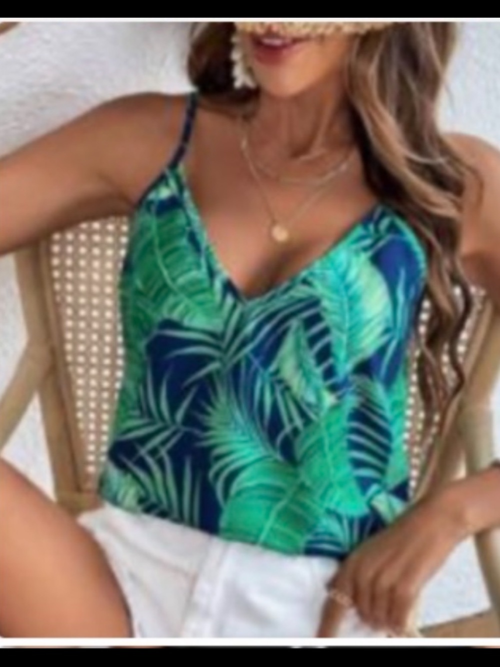 Tropical Leaf Print V-Neck Cami Tank Top - Green